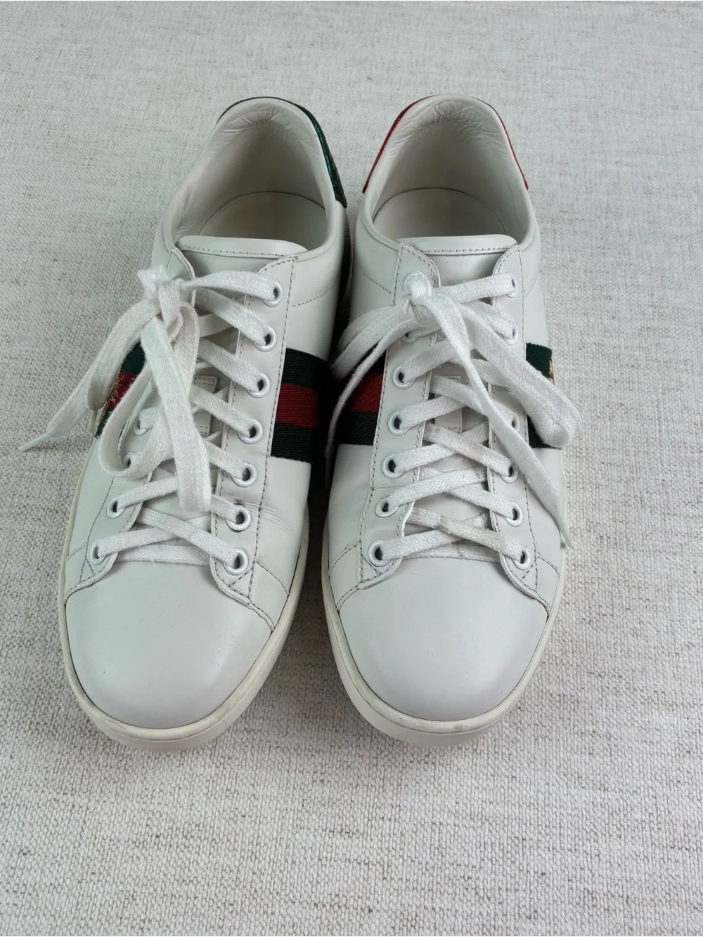 Gucci White Leather Sneakers with Red and Green Stripe and Red Heel